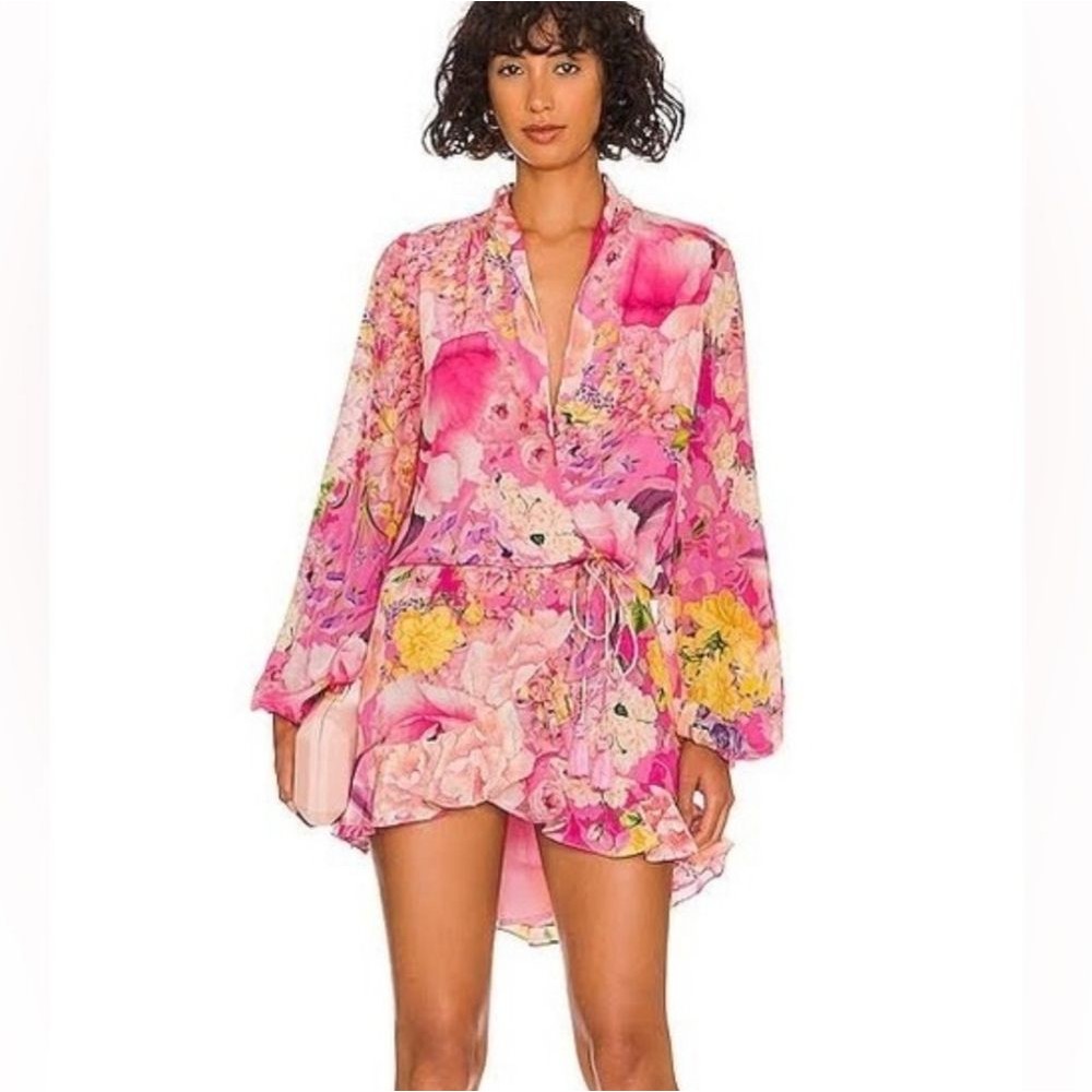 Rococo Sand Leona Floral Faux Wrap Mini Dress Long Sleeve V-Neck Size Small Pink